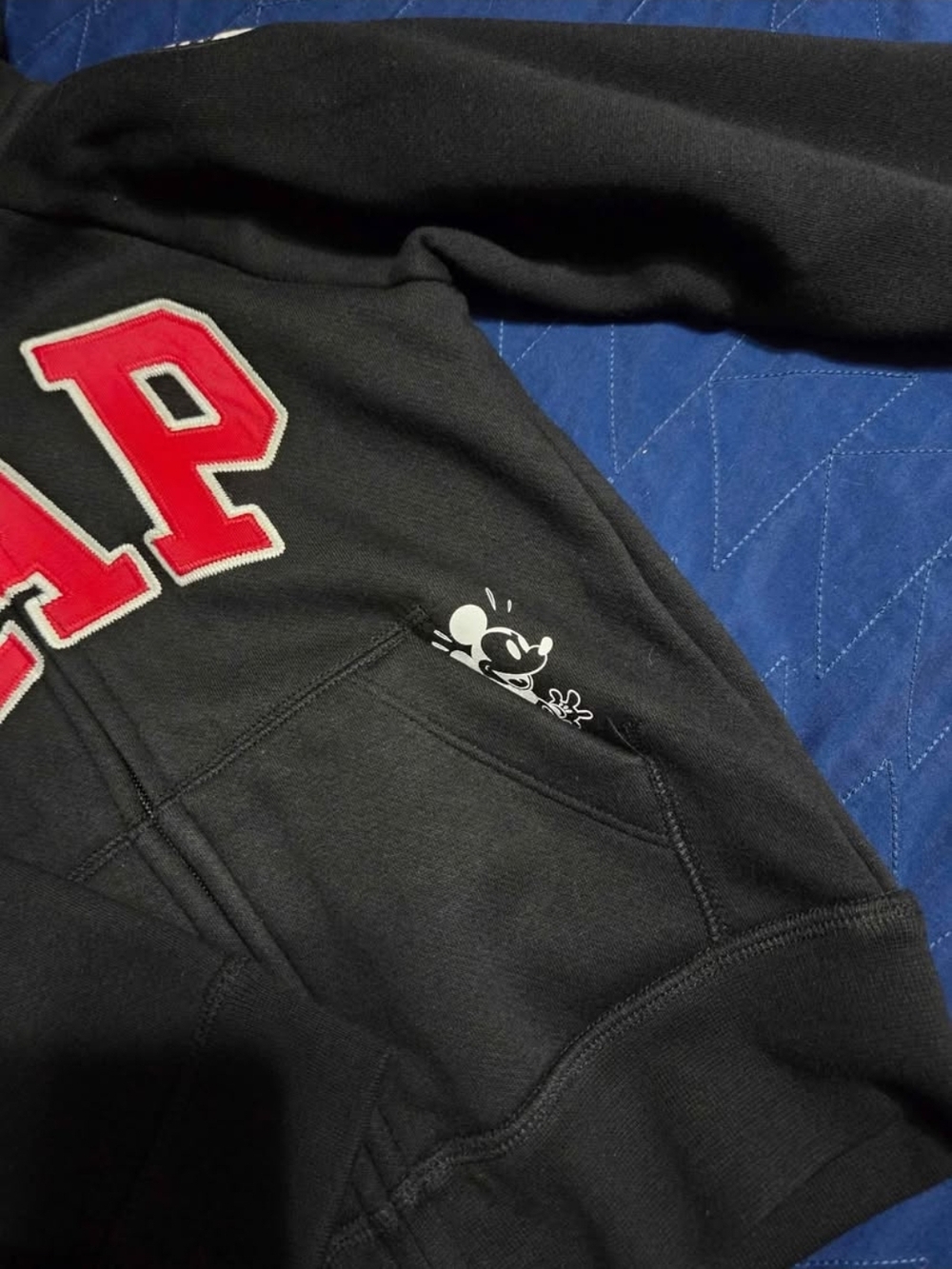 Gap Mickey Mouse Black Hoodie with Red Lettering and White Character Accent